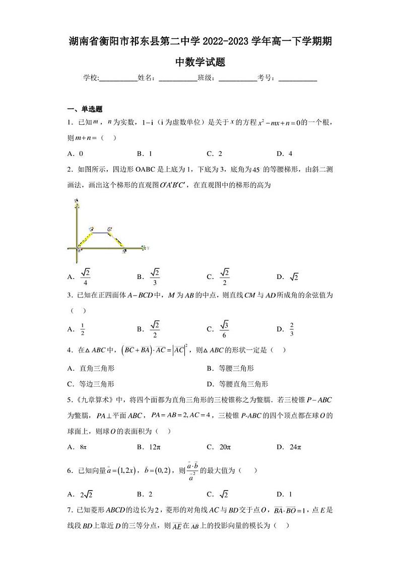 湖南省衡阳市祁东县第二中学2022-2023学年高一下学期期中数学试题01