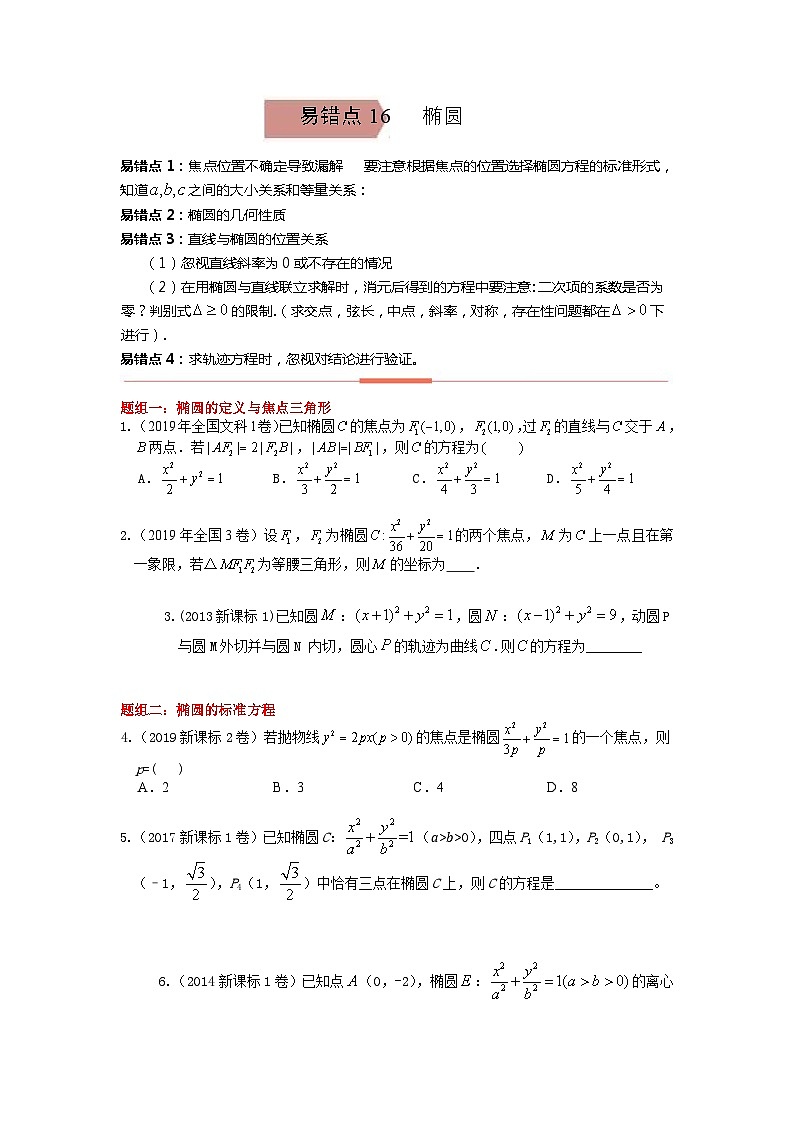 易错点16  椭圆（学生版）-备战2022年高考数学考试易错题第1页