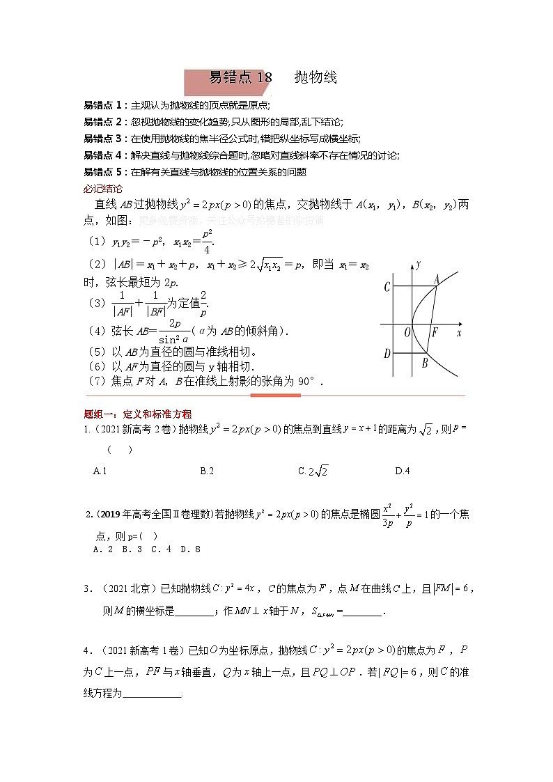 易错点18  抛物线（学生版）-备战2022年高考数学考试易错题第1页