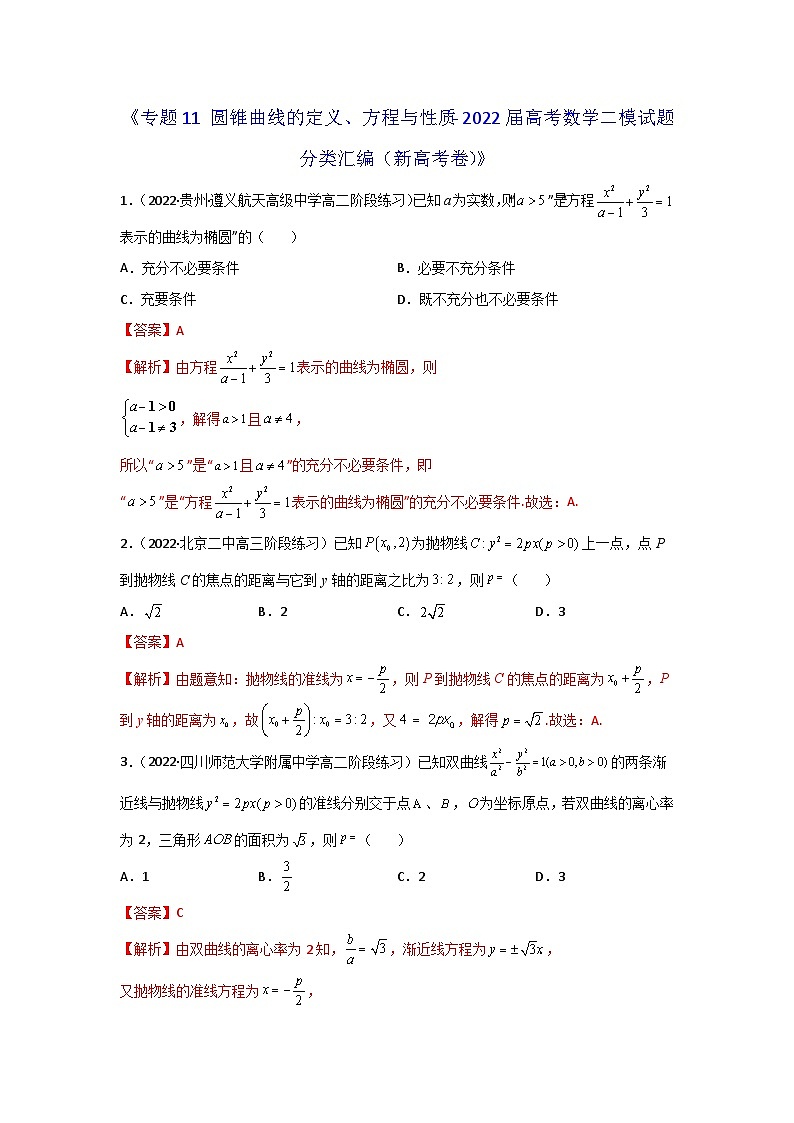 专题11 圆锥曲线的定义、方程与性质- 2022届高考数学二模试题分类汇编（新高考卷）（解析版）第1页
