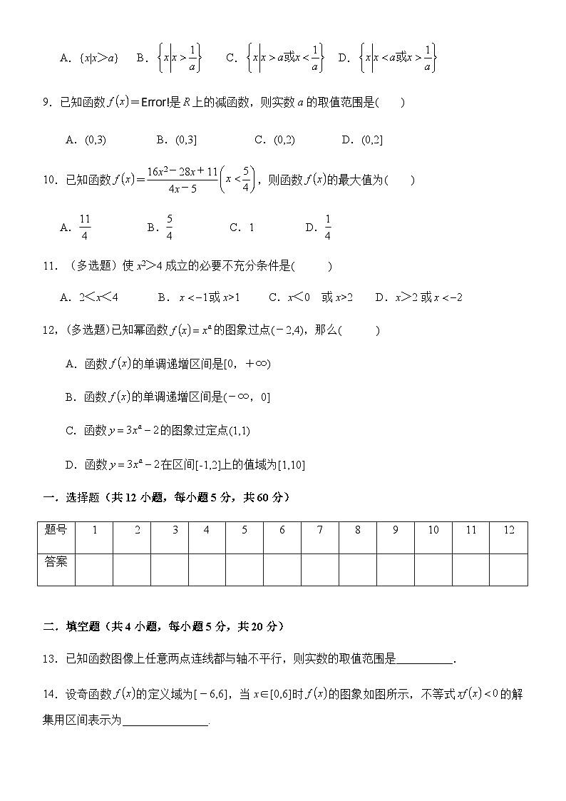 福建省福清西山学校2020-2021学年高一上学期期中复习试卷（一）数学试题 Word版含答案02