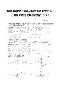 2020-2021学年浙江省绍兴市诸暨中学高一上学期期中考试数学试题(平行班）