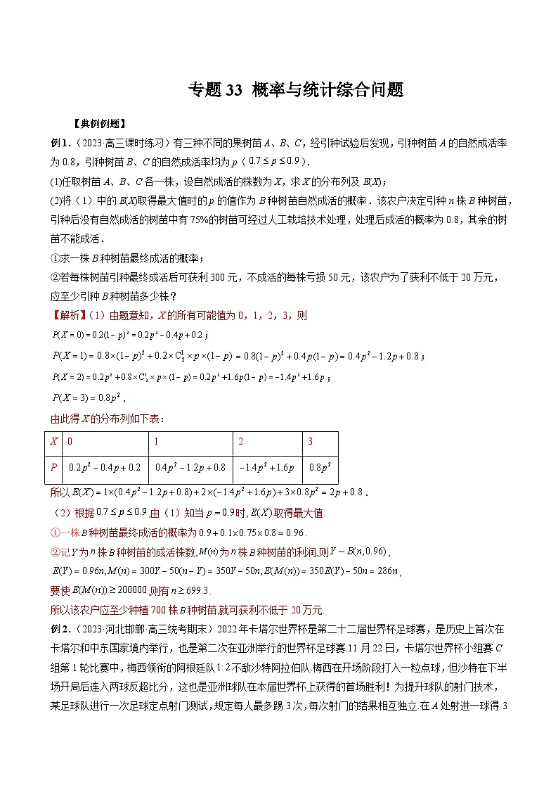 备战2024高考数学艺体生一轮复习讲义-专题33 概率与统计综合问题01