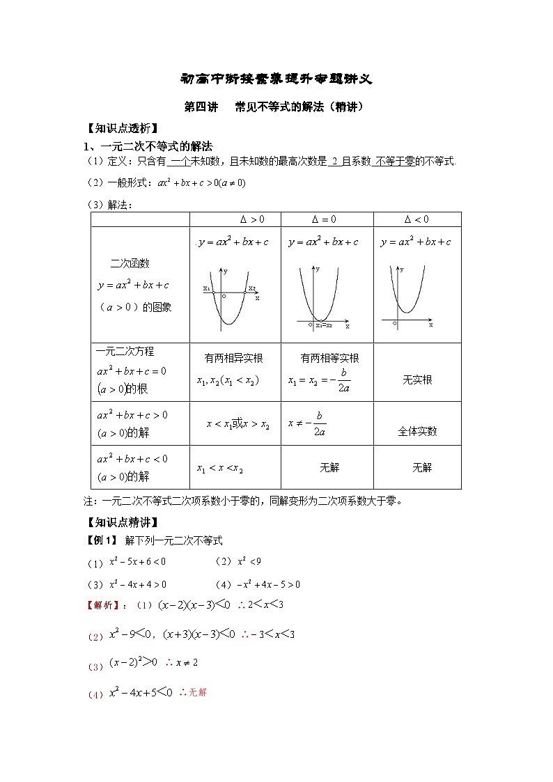 (暑期班)初升高数学衔接讲义第04讲 常见不等式的解法 精讲精炼（2份打包，原卷版+教师版）01