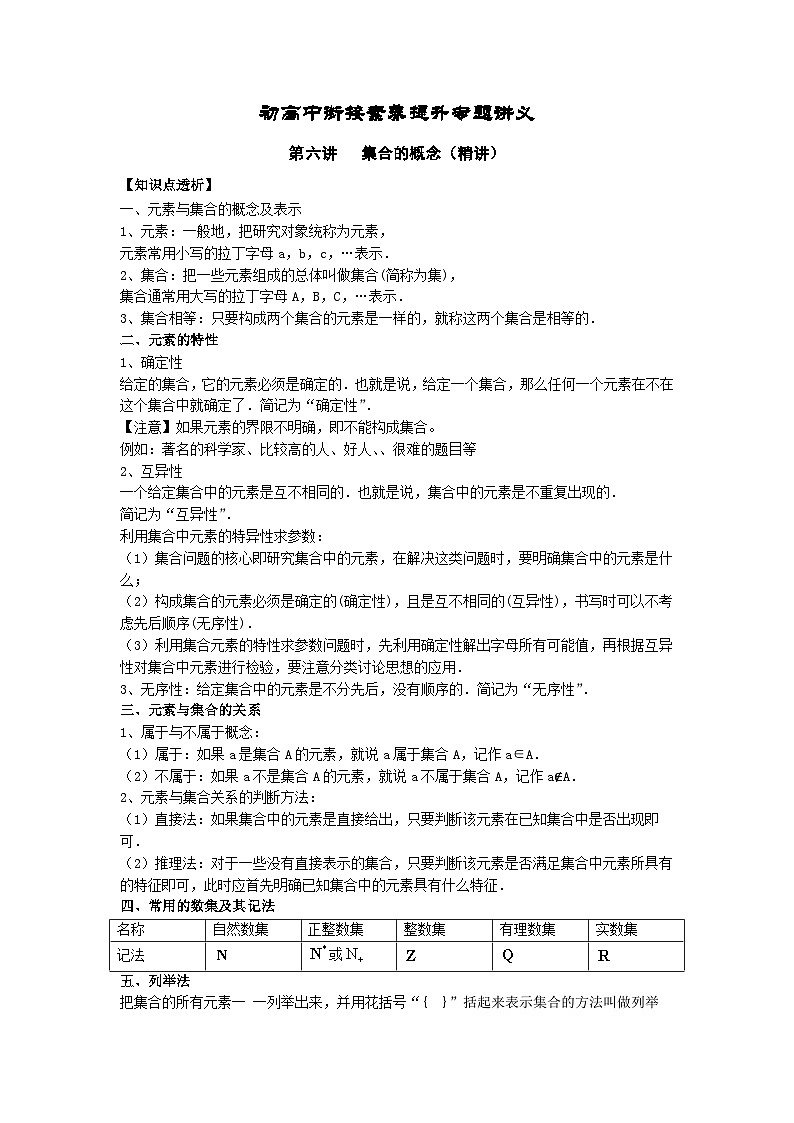 (暑期班)初升高数学衔接讲义第06讲 集合的概念 精讲精炼（2份打包，原卷版+教师版）01