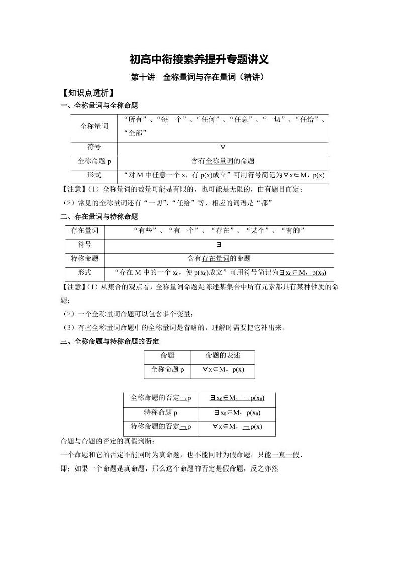 第10讲 全称量词与存在量词 精讲精炼（原卷版）第1页