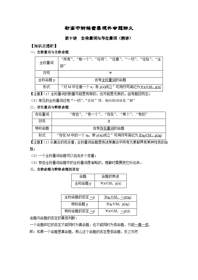 第10讲 全称量词与存在量词 精讲精炼（原卷版）第1页