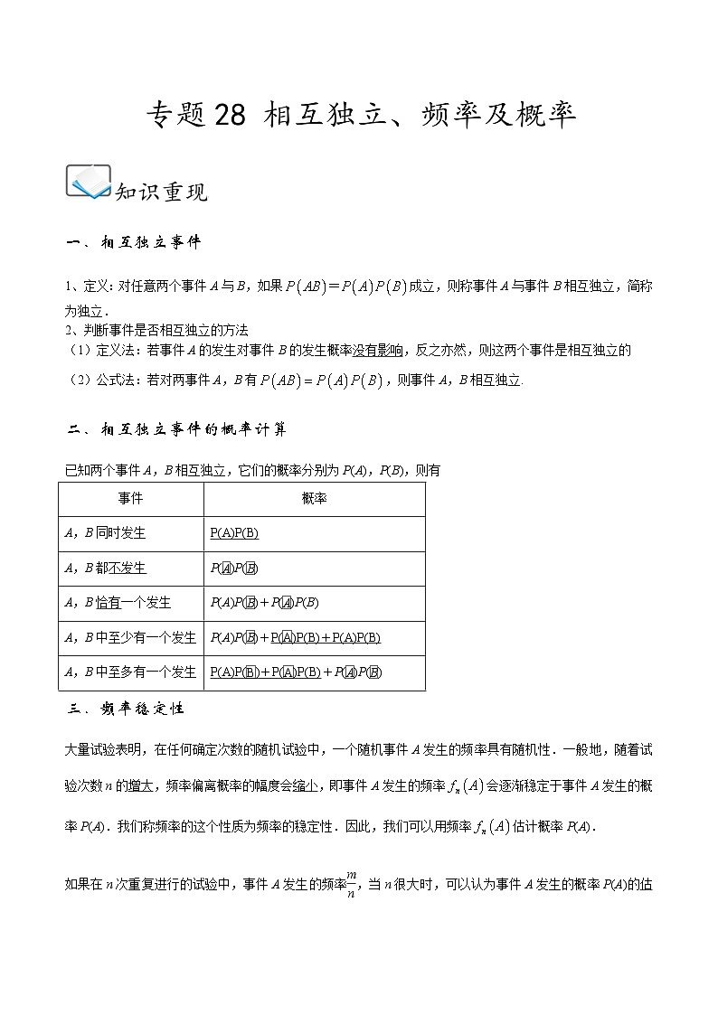 专题28 相互独立、频率及概率-2022-2023学年高一数学下学期期中期末考点题型精准复习（人教A版2019必修第二册）01