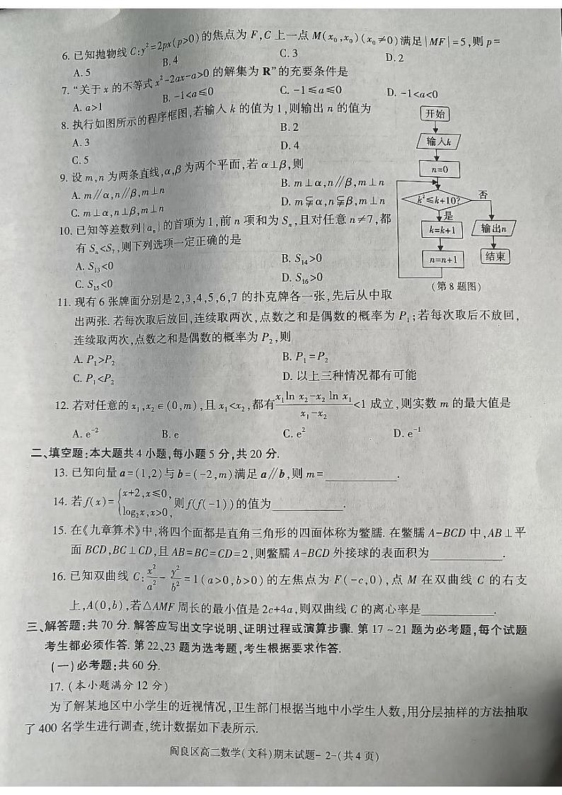 陕西省西安市阎良区2022-2023学年高二下学期期末质量检测数学（文）试题02