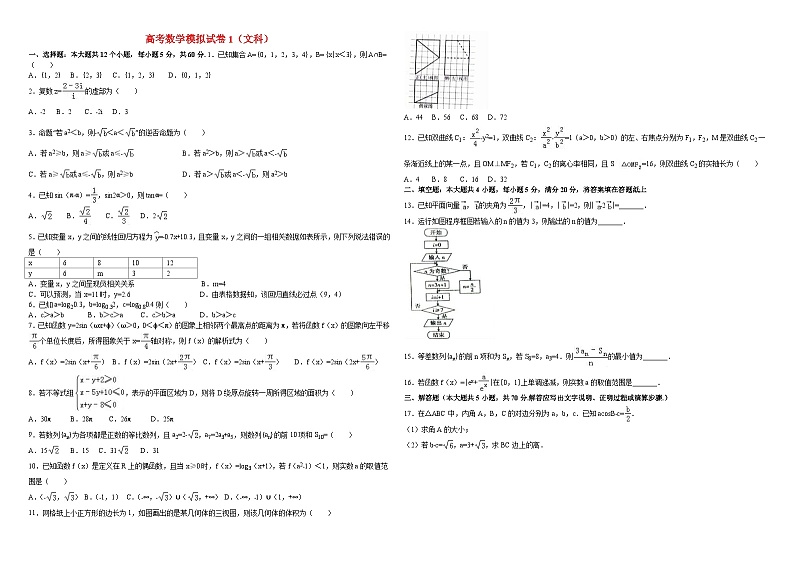 高考数学模拟试卷五套-(文科)01