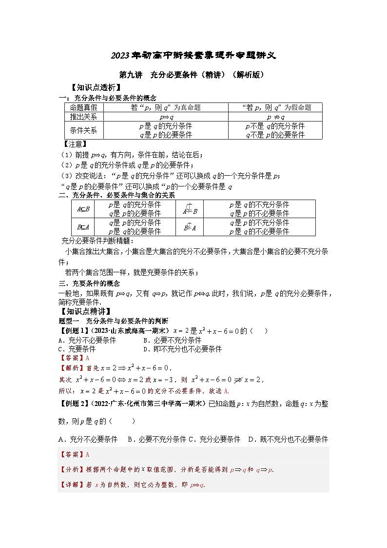 2023届初三升高一数学衔接讲义 第九讲  充分必要条件（精讲）01