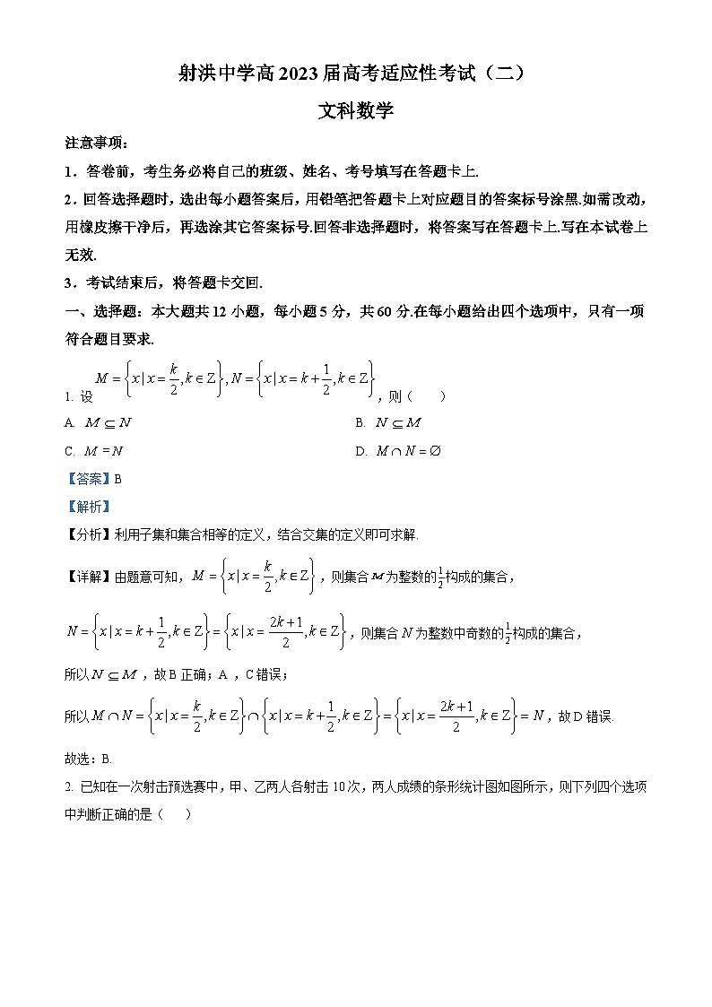 四川省射洪中学2023届高考文科数学适应性考试（二）试题（Word版附解析）第1页