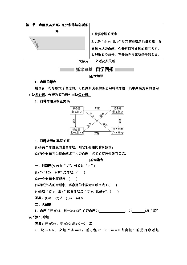 高考数学一轮复习考点突破讲与练 第1章  第2节　命题及其关系、充分条件与必要条件 (含解析)第1页