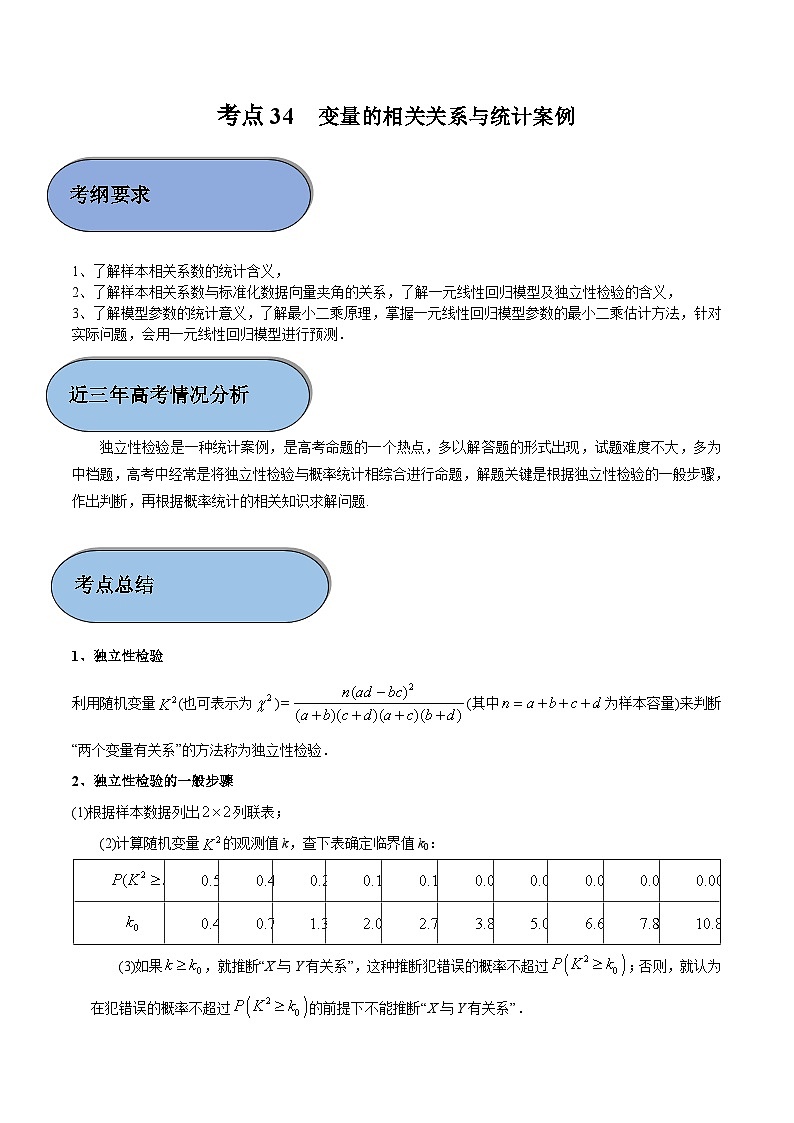 (新高考)高考数学一轮复习过关练考点34 变量的相关关系与统计案例（含解析）第1页