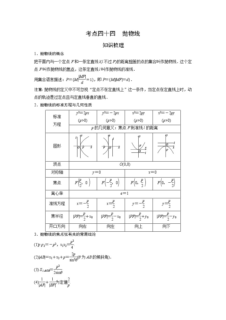 （艺术生）高考数学一轮复习讲与练：考点44 抛物线 (含解析)01