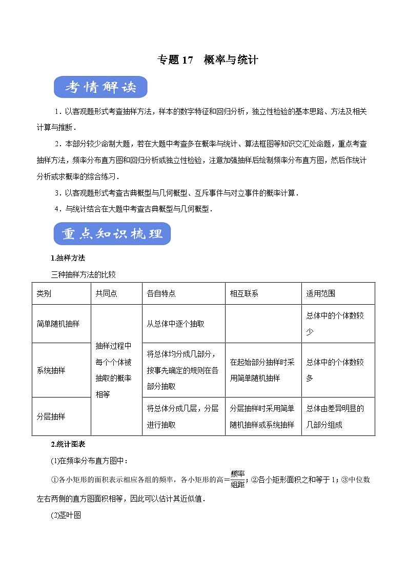 高考数学二轮专题学与练 17 概率与统计（考点解读）（含解析）第1页