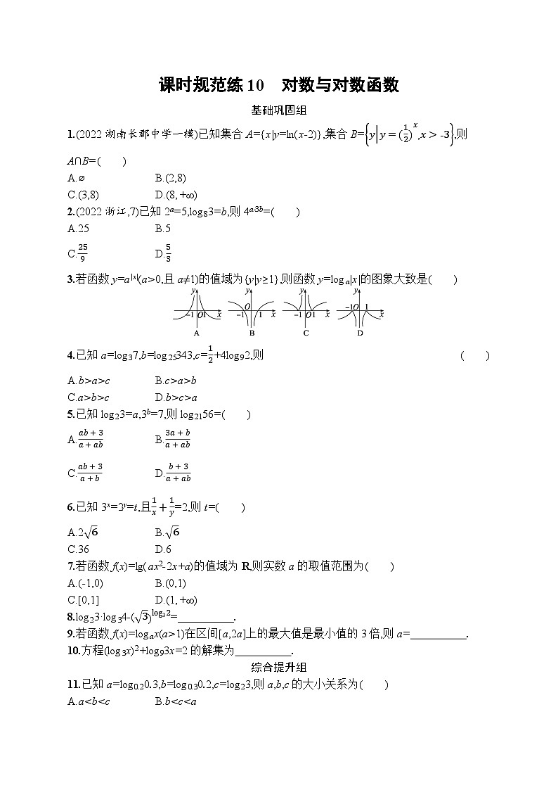 2023年高考指导数学(人教A文一轮)课时规范练10 对数与对数函数01