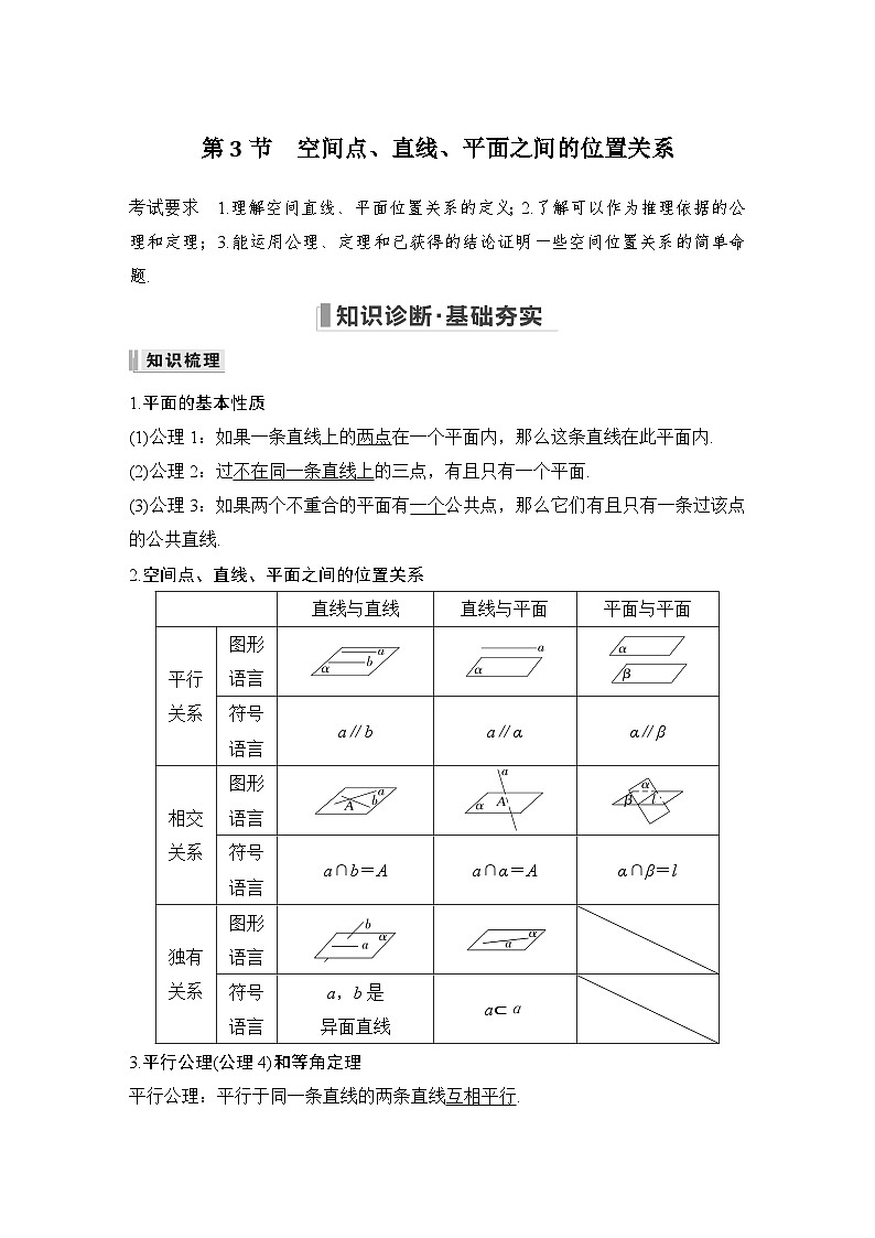 备战2024年高考数学大一轮复习（人教A版-理）第八章 立体几何与空间向量 第3节 空间点、直线、平面之间的位置关系 试卷01