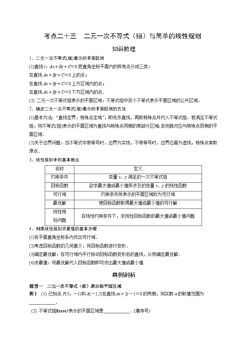 艺术生高考数学专题讲义：考点23 二元一次不等式（组）与简单的线性规划第1页