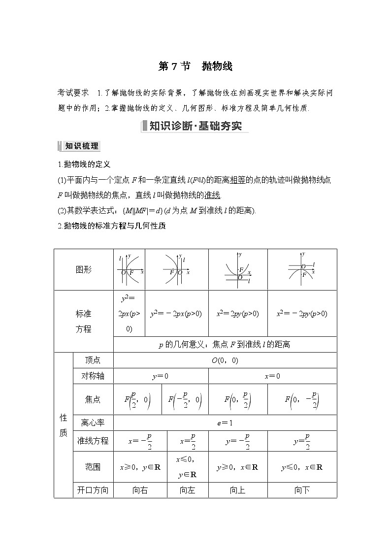 2024高考数学大一轮复习Word版题库（人教A版文）第九章 平面解析几何 第7节 抛物线第1页