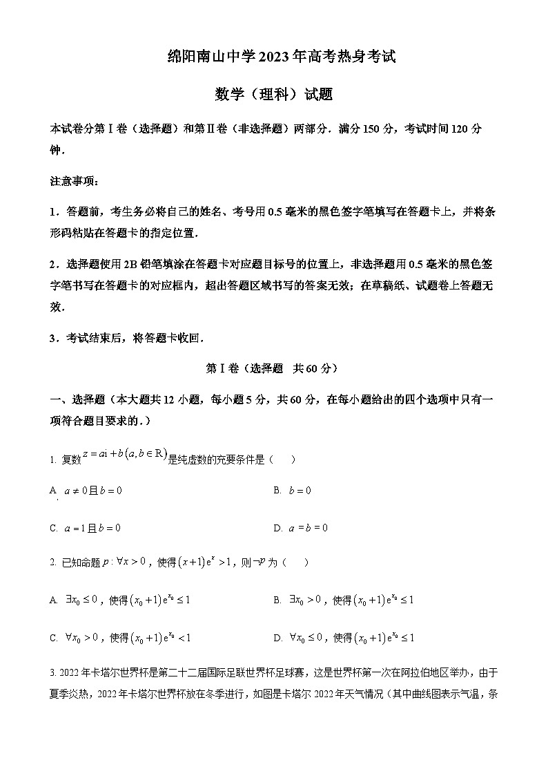 2023届四川省绵阳南山中学高三下学期高考热身考试理科数学试题Word版含解析01