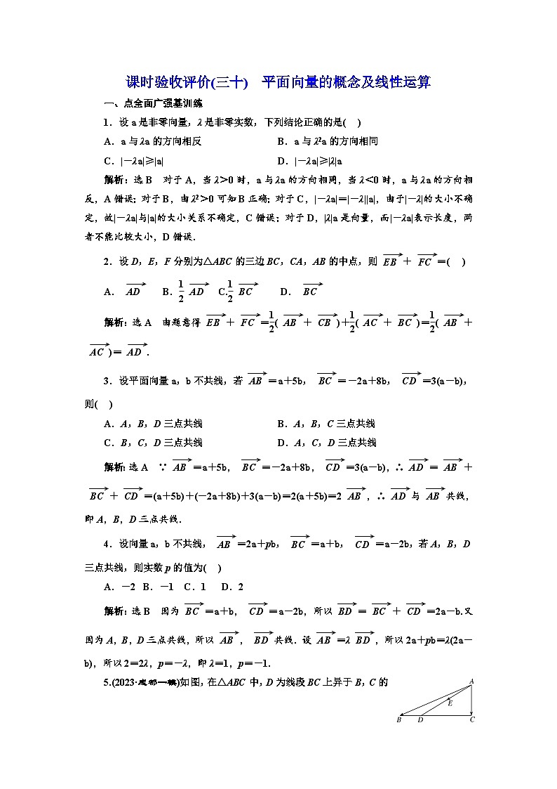 备战2024高考一轮复习数学（理） 课时验收评价(三十)　平面向量的概念及线性运算第1页