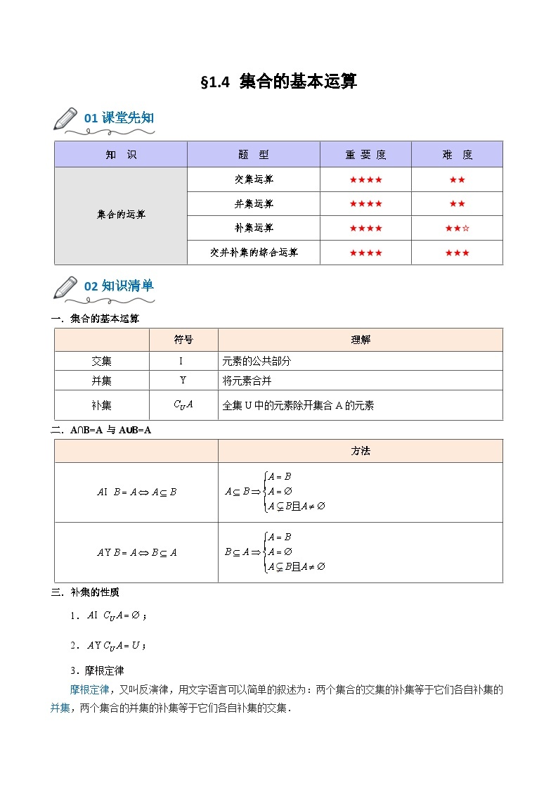 【暑假初升高】(人教A版2019)数学初三（升高一）暑假-1.4《集合的基本运算》讲学案01