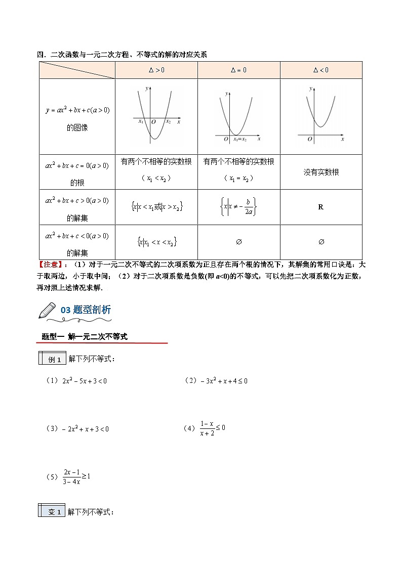 【暑假初升高】(人教A版2019)数学初三（升高一）暑假-2.3《二次函数与一元二次方程、不等式》讲学案（原卷版）第2页