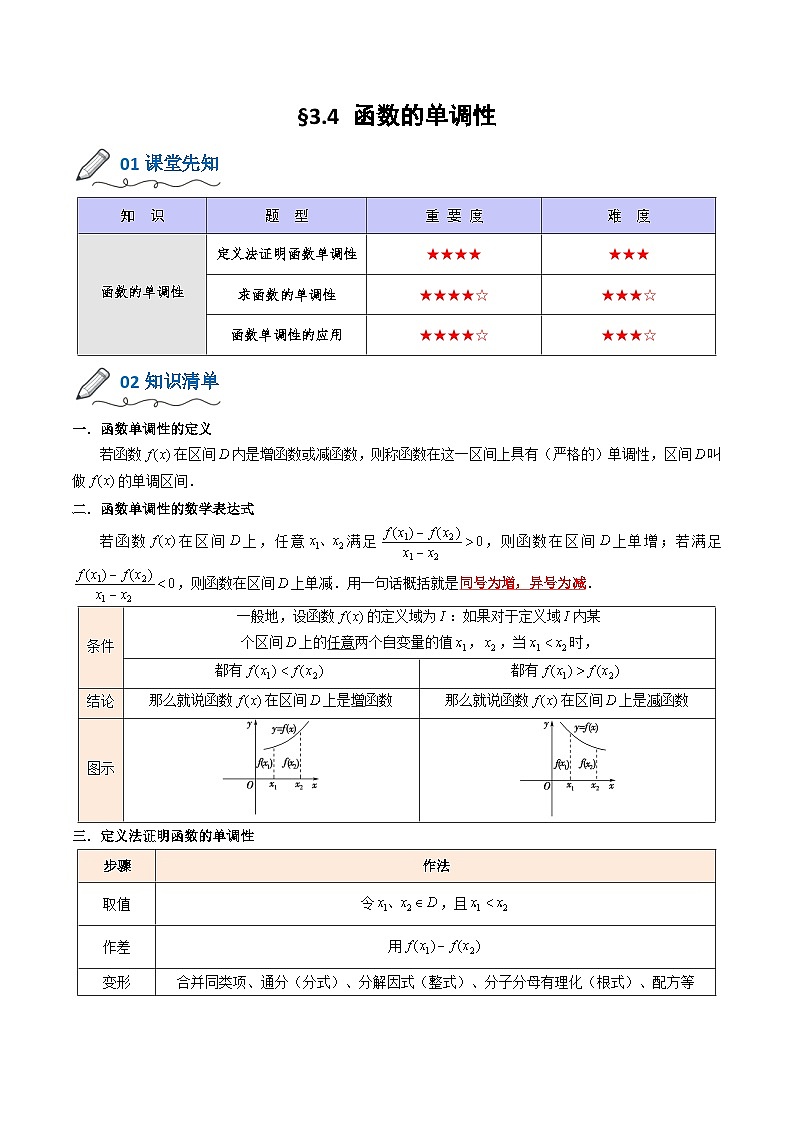 【暑假初升高】(人教A版2019)数学初三（升高一）暑假-3.4《函数的单调性》讲学案01