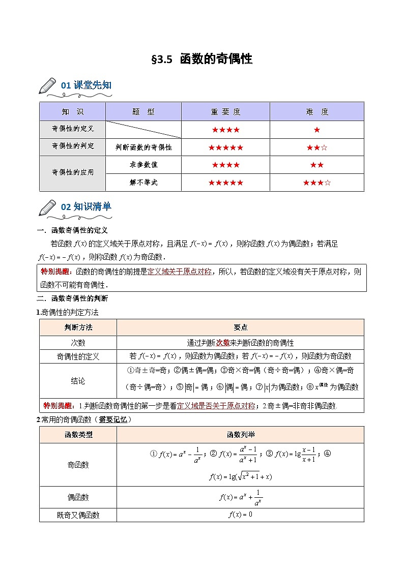 【暑假初升高】(人教A版2019)数学初三（升高一）暑假-3.5《函数的奇偶性》讲学案01