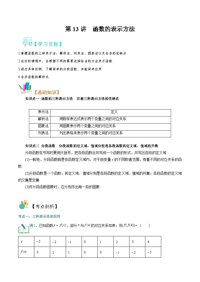 【暑假初升高】(苏教版2019)数学初三（升高一）暑假-第13讲《函数的表示方法》讲学案（必修1）01