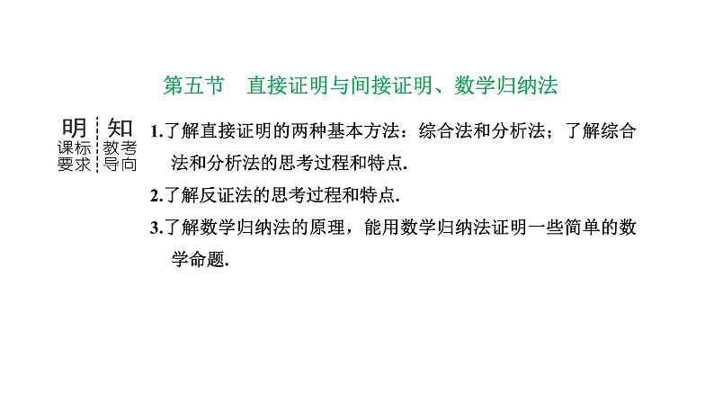 备战2024高考一轮复习数学（理） 第七章 不等式、推理与证明、程序框图 第五节 直接证明与间接证明、数学归纳法课件PPT第1页