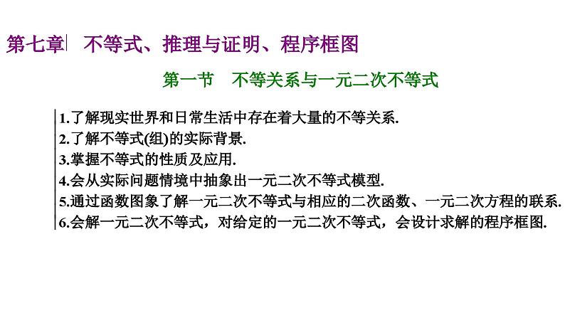备战2024高考一轮复习数学（理） 第七章 不等式、推理与证明、程序框图 第一节 不等关系与一元二次不等式课件PPT第1页