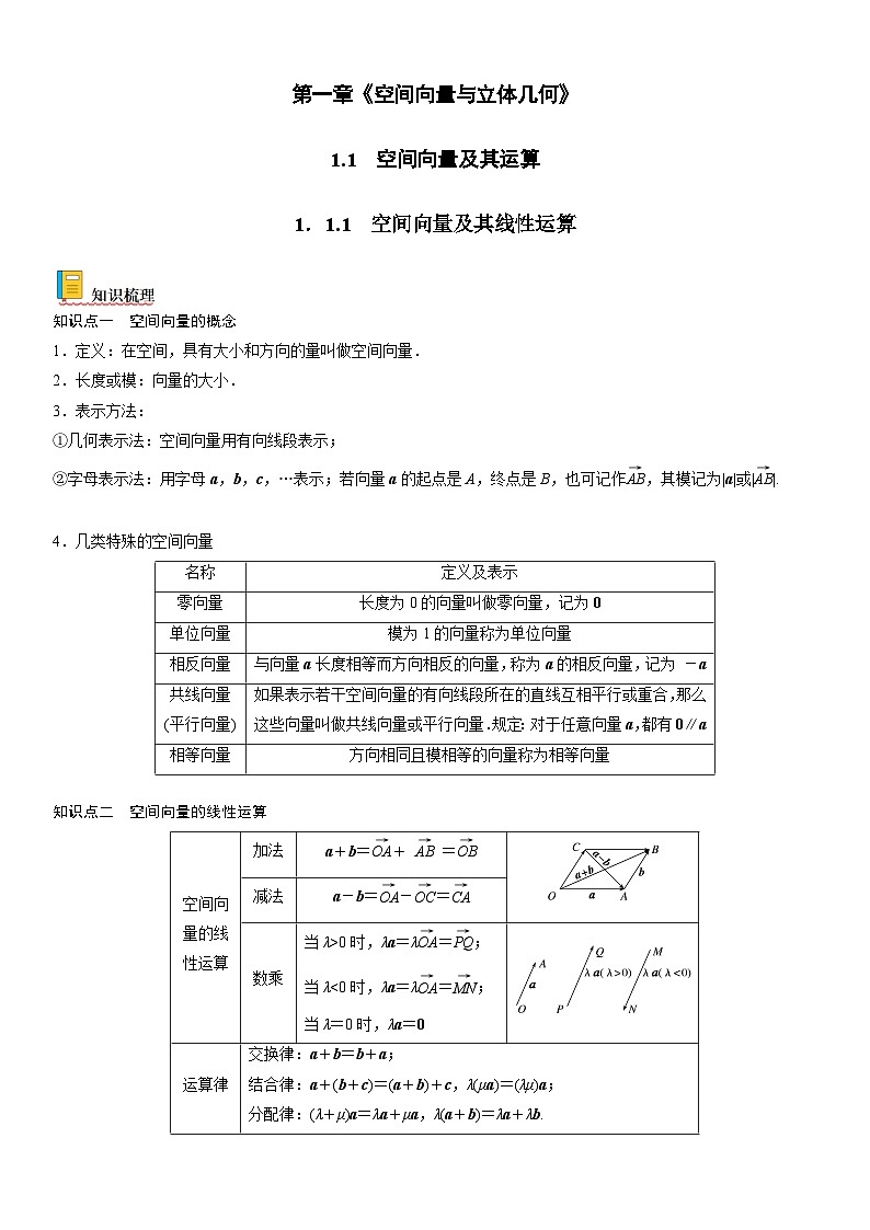 【暑假提升】(人教A版2019)数学高一（升高二）暑假-1.1.1《空间向量及其线性运算》讲学案（必修1）01
