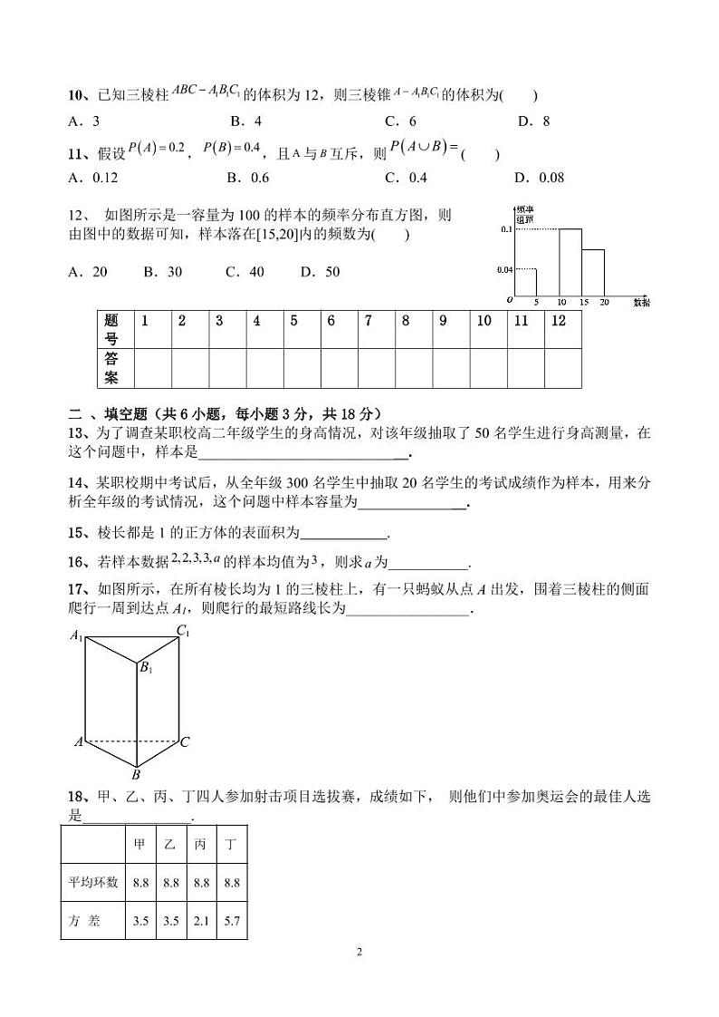 四川省自贡职业技术学校就业班2022-2023学年高二下学期期末考试数学试题第2页