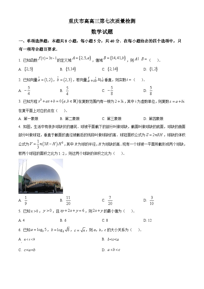 精品解析：重庆市南开中学校高三第七次质量检测数学试题（原卷版）第1页