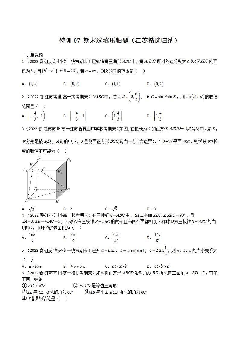 特训07 期末选填压轴题（江苏精选归纳）-高一数学下学期期中期末挑战满分冲刺卷（苏教版必修第二册，江苏专用）01
