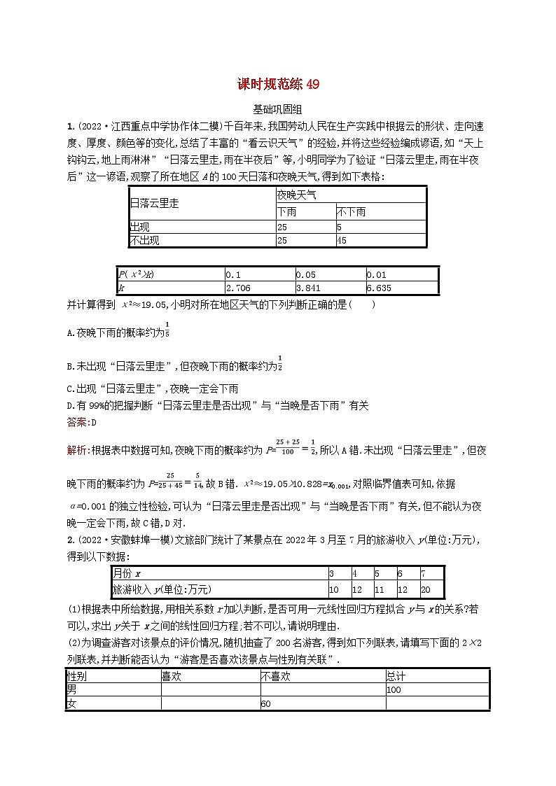适用于新教材2024版高考数学一轮总复习第十章统计与成对数据的统计分析课时规范练49成对数据的统计分析北师大版第1页