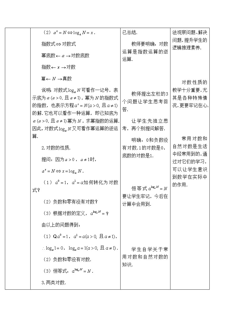 高中数学必修第一册人教A版（2019）4.3《对数的概念》教学设计（表格式）02