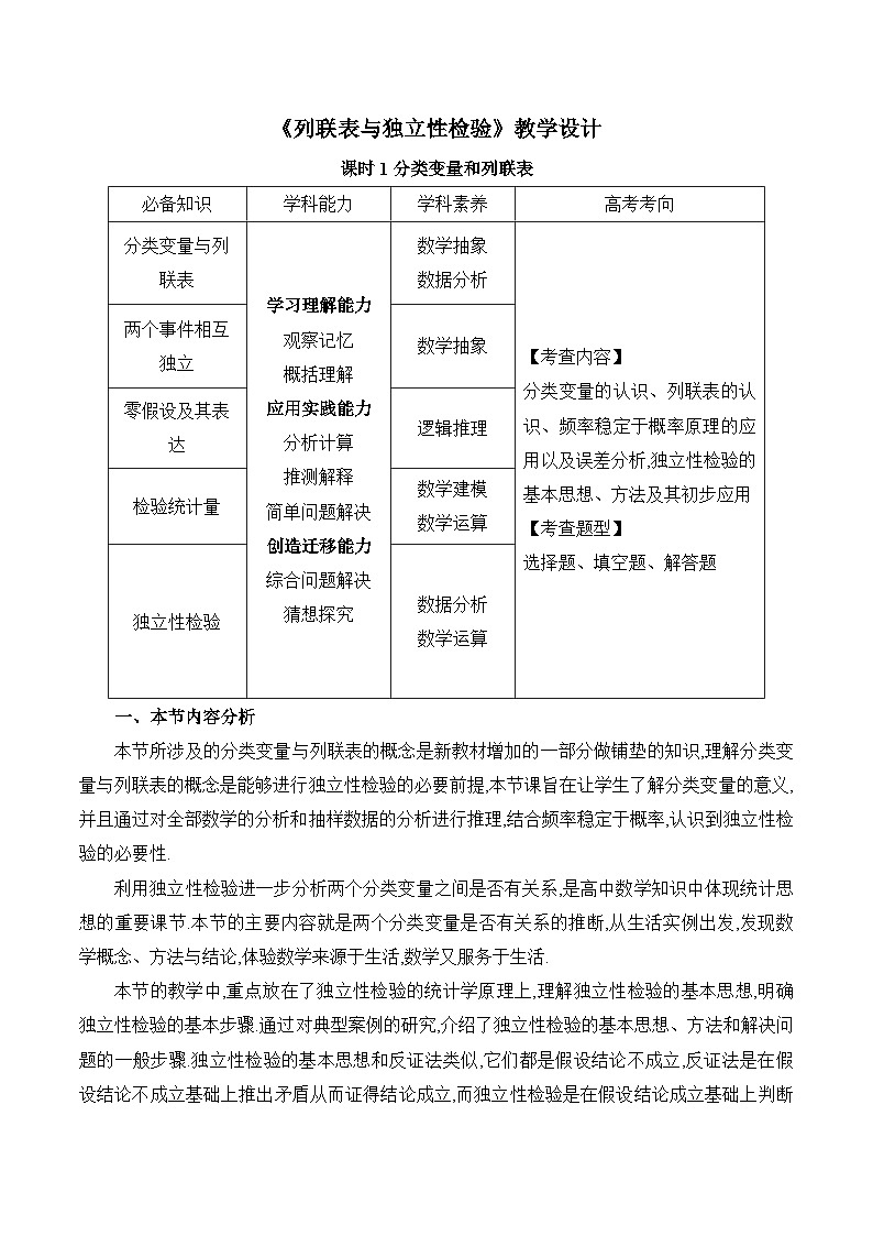 高中数学 人教A版（2019）选择性必修第三册 8.3 《列联表与独立性检验课时1》教学设计第1页