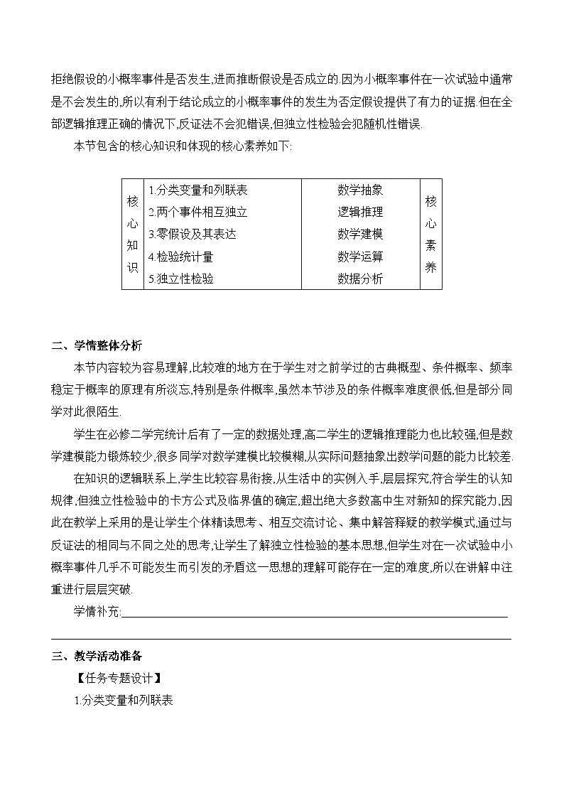 高中数学 人教A版（2019）选择性必修第三册 8.3 《列联表与独立性检验课时1》教学设计第2页