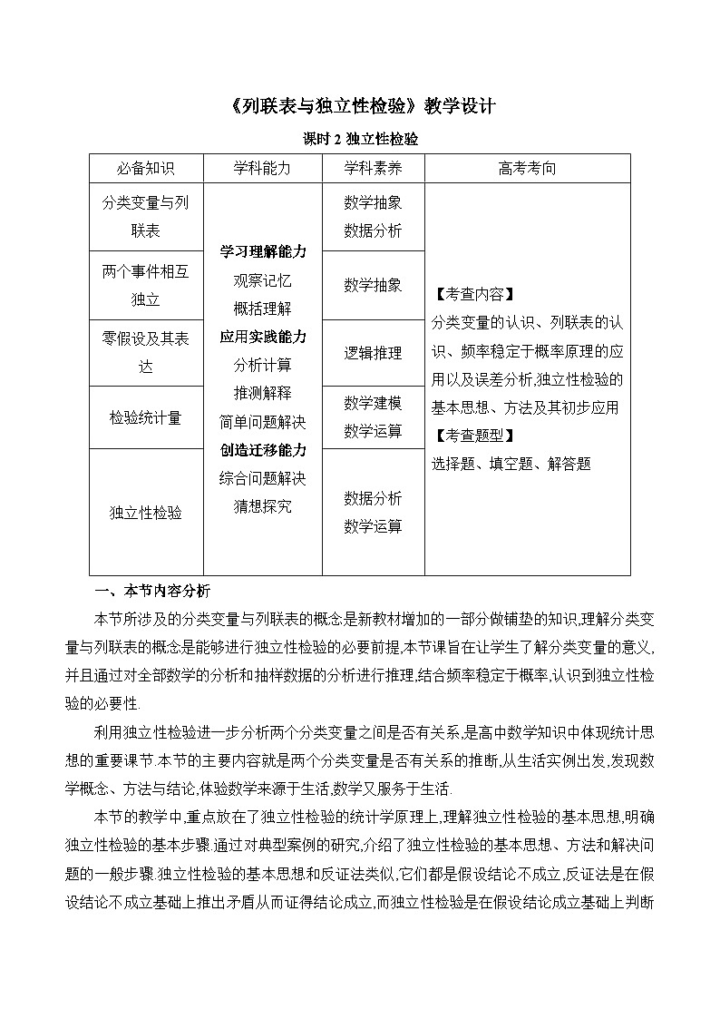高中数学 人教A版（2019）选择性必修第三册 8.3《列联表与独立性检验课时2》教学设计01