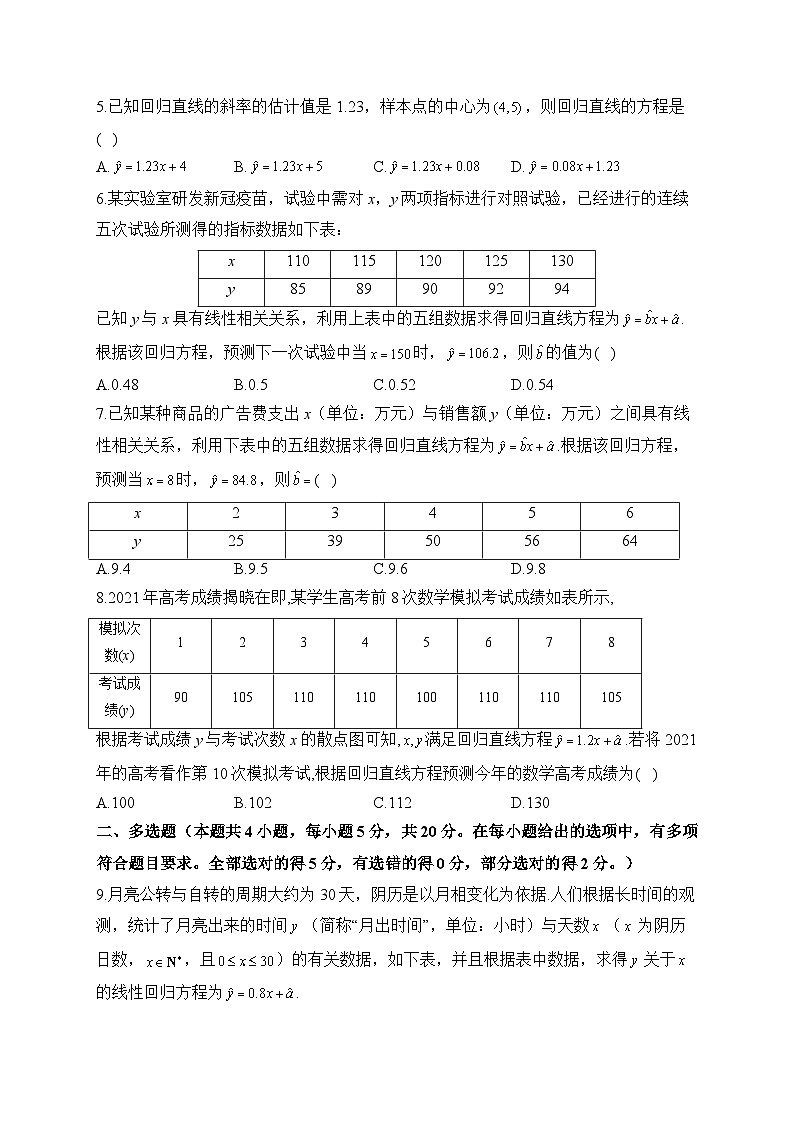 高中数学（人教A版2019） 选择性必修第三册  第八章 成对数据的统计分析 达标检测（含解析）02