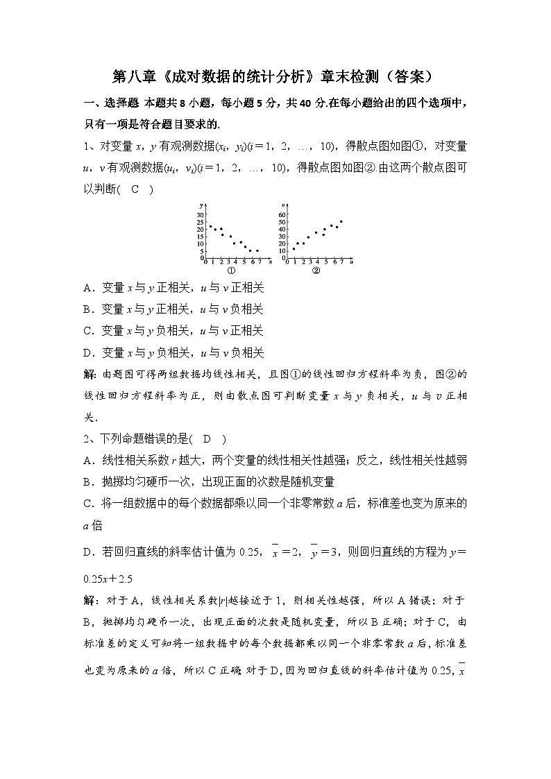 高中数学（人教A版2019）选择性必修第三册 第八章 成对数据的统计分析　章末检测（含解析）01