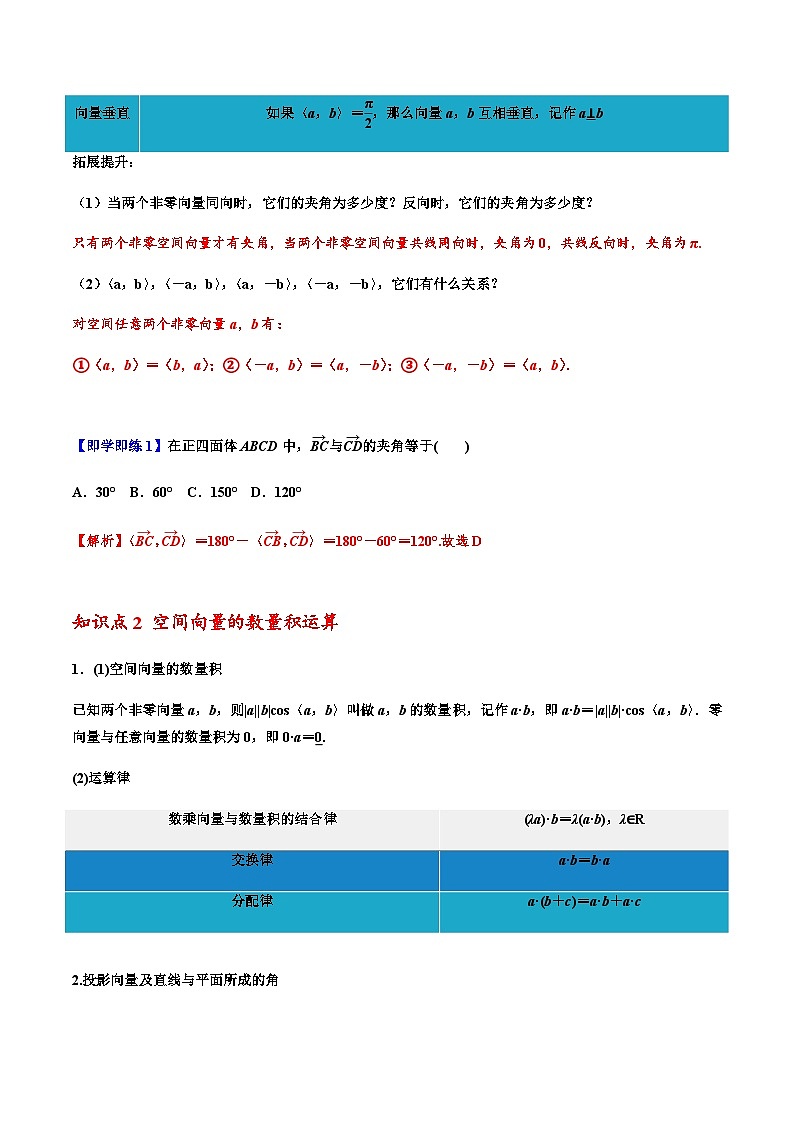 1.1.2空间向量的数量积运算 -2023-2024学年高二数学同步精品讲义（人教A版2019选择性必修第一册）（解析版） 第2页