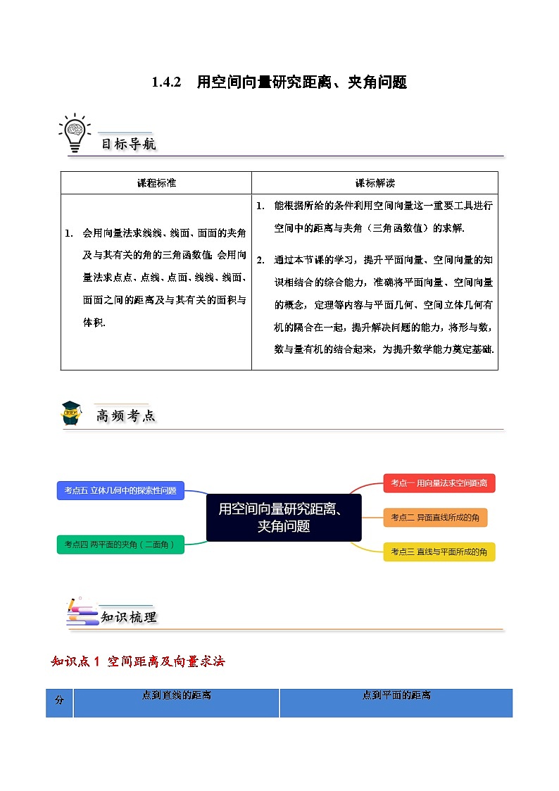 1.4.2用空间向量研究距离、夹角问题 -2023-2024学年高二数学同步精品讲义（人教A版2019选择性必修第一册）（原卷版）第1页