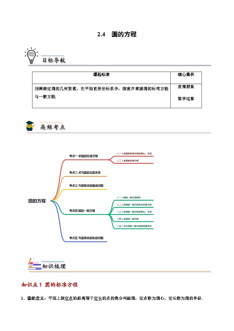 2.4 圆的方程 -2023-2024学年高二数学同步精品讲义（人教A版2019选择性必修第一册）（原卷版）第1页