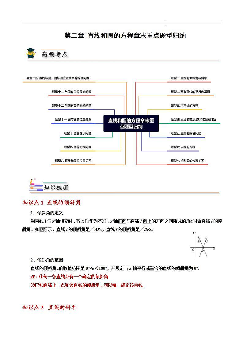 第二章 直线和圆的方程章末重点题型归纳 -2023-2024学年高二数学同步精品讲义（人教A版2019选择性必修第一册）（原卷版） 第1页