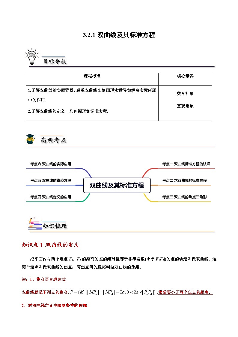 3.2.1双曲线及其标准方程 -2023-2024学年高二数学同步精品讲义（人教A版2019选择性必修第一册）（解析版）第1页