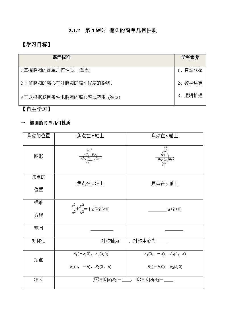 3.1.2 第1课时 椭圆的简单几何性质（学案） （人教A版2019选择性必修第一册）01
